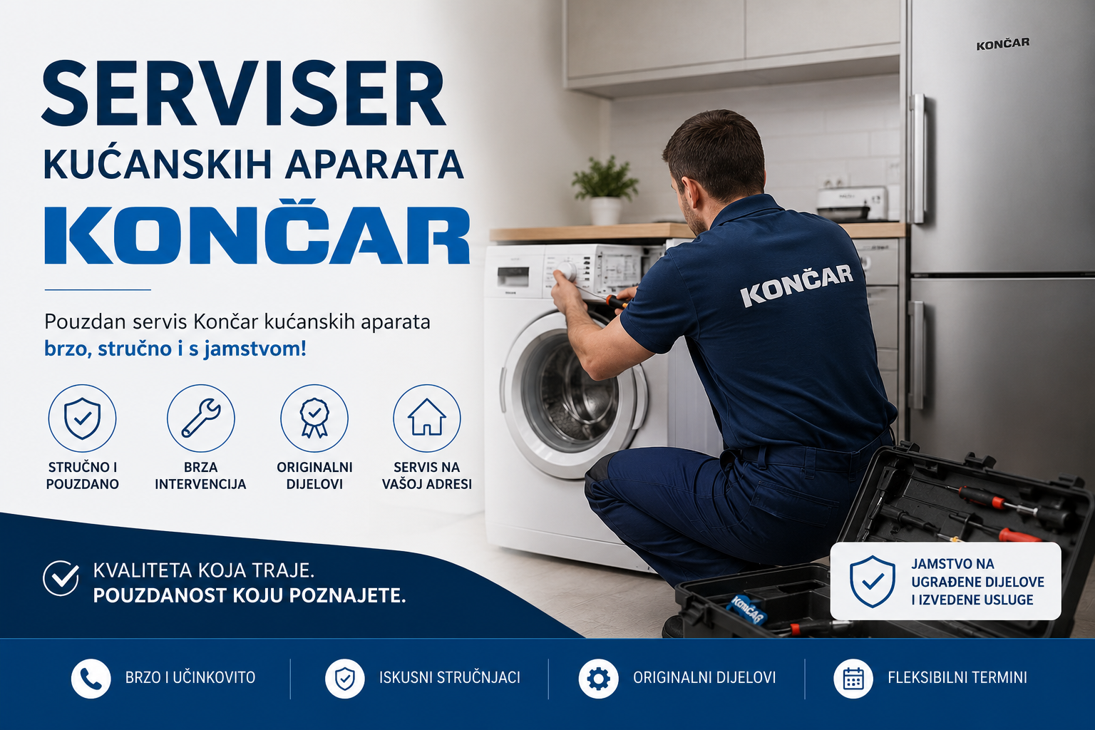 Serviser popravlja Končar perilicu rublja u kuhinji